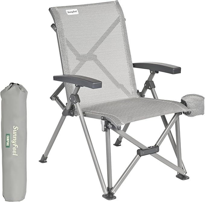 SUNNYFEEL Ergonomic High-Back Camping Chair - 1 Second Folding Chair with 500lbs Capacity, Breathable Back Support for Outdoor, Lawn, Hiking, Fishing (Grey)