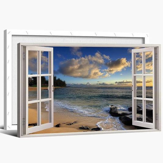 ANRUOXI Beach Pictures Wall Art Decor for Living Room, Blues Ocean Painting Decor for Bedroom, White Window Frame Style Sunset Sea Canvas Wall Decor, Coastal Landscape Artwork for Office 12x18 Inch