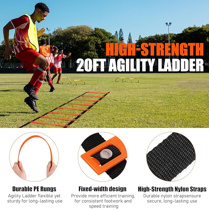 Agility Speed Training Equipment Set, Football Practise Set with 20ft Agility Ladder, 12 Cones, 4 Adjustable Hurdles, Jump Rope, Parachute, for Basketball, Soccer, Football, Kids, Youth, Adults