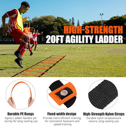 Agility Speed Training Equipment Set, Football Practise Set with 20ft Agility Ladder, 12 Cones, 4 Adjustable Hurdles, Jump Rope, Parachute, for Basketball, Soccer, Football, Kids, Youth, Adults