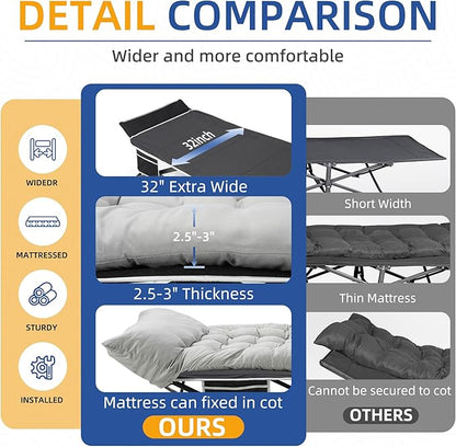 HABUTWAY Camping Cot with Mattress, 32" Extra Wide Camping Cots for Adults, Sleeping Cot for Adults Holds Up to 600LBS, Cots for Sleeping, Camp, Rv, Beach, Patio, Office Naps(Grey)