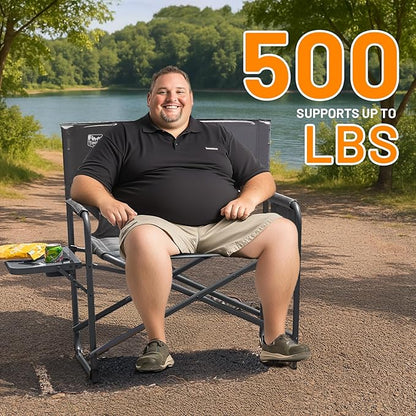 Timber Ridge XXL Foldable Directors Chair with Side Table, Extra Wide Camping Chairs for Adults Heavy Duty Supports 500 lbs, Oversized Folding Lawn Chair for Picnic Beach Sports Fishing, Grey