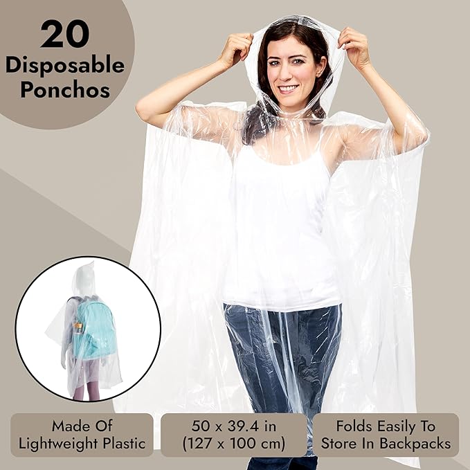 Juvale Disposable Rain Ponchos for Adults - 20-Pack, One Size, Clear Hooded - Plastic Ponchos Bulk & Emergency Rain Gear for Camping & Festivals