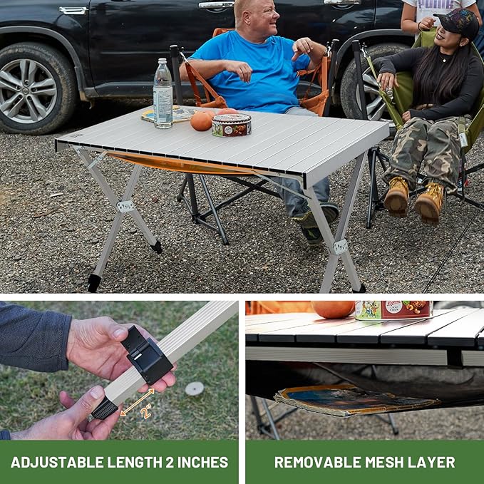 TIMBER RIDGE Folding Camping Table Adjustable Height, 4-6 Person Lightweight Aluminum Roll-up Table for Camping Outdoor Picnic BBQ Backyard Party Support 220 lbs, Silvery