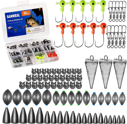 Fishing Weights Sinkers Kit, Fishing Tackle Kit, Includes Jig Head Hooks, Swivels & Sinker Weights for Bass Trout, Gifts for Men, Kids