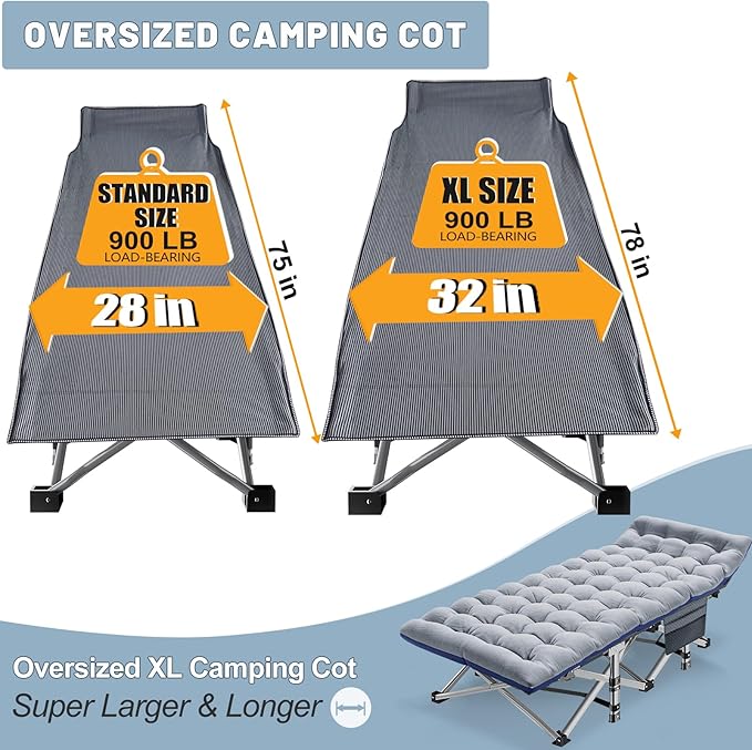 Slsy Oversized XXL Folding Camping Cot for Adults with Pad, Padded Portable Sleeping Cots, Camp Bed with Carry Bag for Outdoor Travel, Beach, Hiking