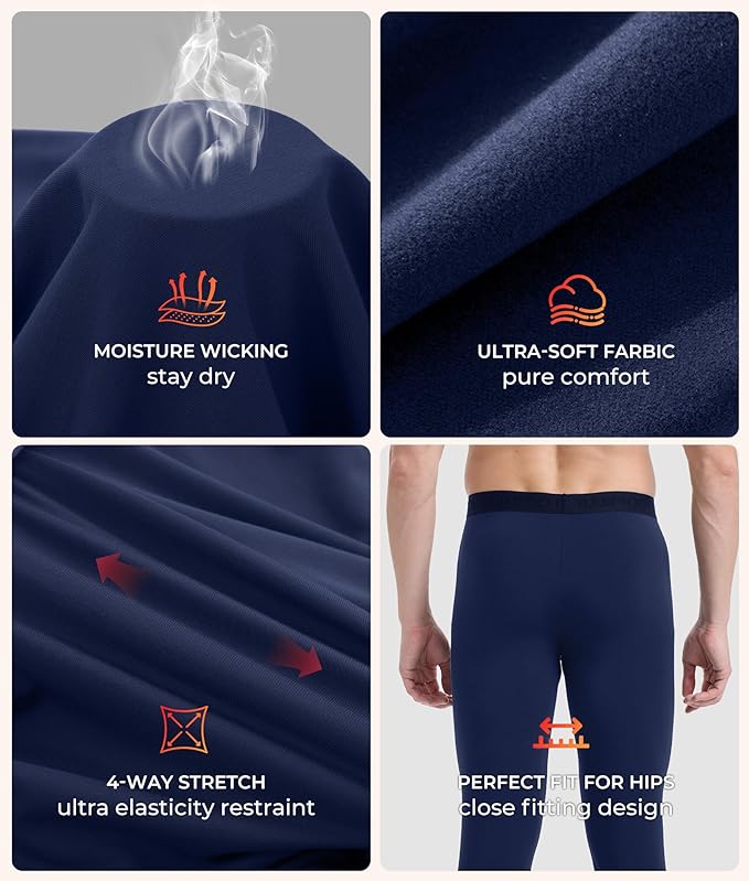 Men's Heavyweight Thermal Underwear Long Johns Bottom with Soft Wool Lining, Stretch Comfortable Base Layer for Cold Weather