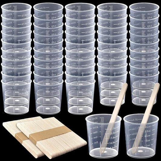Coopay 50 Pack 30ml/1oz Plastic Graduated Cups Transparent Scale Clear Epoxy Mixing Cup with 100 Pack Wooden Stirring Sticks for Resin, Epoxy, Stain, Mixing Paint