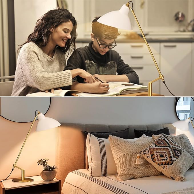 Desk Lamp Modern Industrial 100% Metal Table Lamp 22", Soft White Light (3000K) with Adjustable Switch, Ideal for Office Bedroom Study Room Living Room Nightstand Bedside Lamps White+Brass