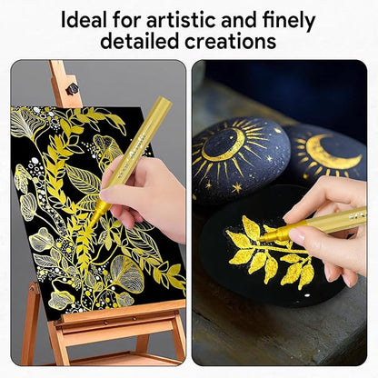 SFAIH Acrylic Gold Paint Pens - 8 Pack 2-3MM Medium Tip & 0.7MM Extra Fine Gold Markers Permanent for Rock, Wood, Metal, Fabric, Plastic, Glass, Ceramic, Diy Crafts, Large Ink Capacity, High Coverage