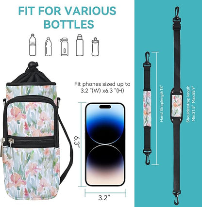 25/32/40/64oz Water Bottle Bag Holder Carrier-Insulated Crossbody Sling Case Sleeve with Strap & Pockets for Men Women Gym Cycling Travel Walking Hiking Camping