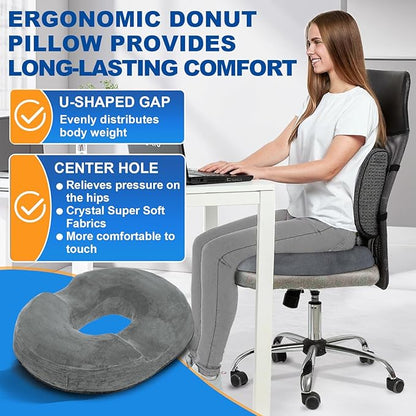 Donut Cushion Memory Foam Hemorrhoids Cushion for Postpartum & Coccyx & Tailbone Pain Pressure Relief for Office Chair, Wheelchair, Office, Car Seat (Grey)