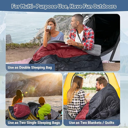 Double Sleeping Bag for Adults Machine Washable 2 Person Camping Sleeping Bag Queen Size Waterproof with Compression Sack for Cold Weather 3-4 Seasons