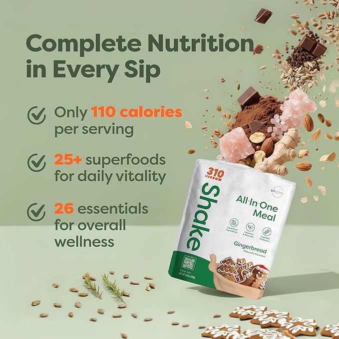 310 Nutrition All-In-One Meal Replacement Shake Powder - Plant-Based Protein Smoothie Blend w/High Fiber, Probiotics & Adaptogens - Low Carb, Vegan, Keto & Paleo Friendly - Gingerbread - 14 Srv