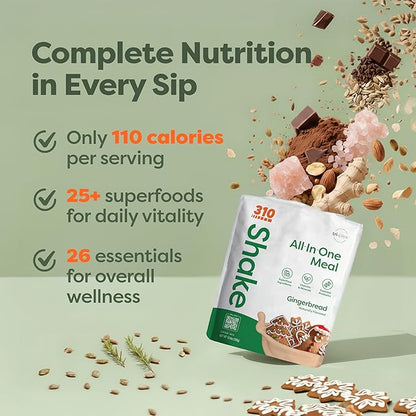 310 Nutrition All-In-One Meal Replacement Shake Powder - Plant-Based Protein Smoothie Blend w/High Fiber, Probiotics & Adaptogens - Low Carb, Vegan, Keto & Paleo Friendly - Gingerbread - 14 Srv