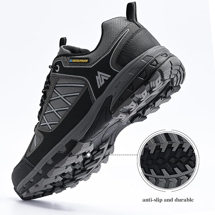 Queday Men's Waterproof Hiking Shoes Lightweight Anti Slip Outdoor Ankle Boots Breathable Hike Trekking Trails Shoe