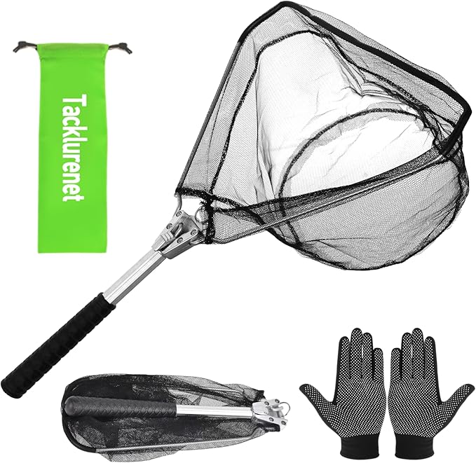 Folding Kayak Fishing Net with Aluminum Alloy Frame Rubber-Coated Nylon Net for Small Fishing Net Fishing Landing Net for Non-Slip Gloves Storage Bag