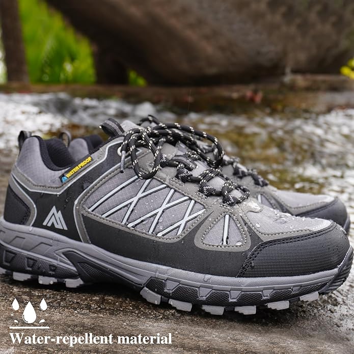 Queday Men's Waterproof Hiking Shoes Lightweight Anti Slip Outdoor Ankle Boots Breathable Hike Trekking Trails Shoe