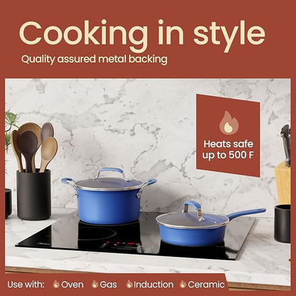 Pots and Pans Set, 22-Piece Non Stick Cookware & Bakeware Sets with Plaid Pattern, Stackable Design, Dishwasher Safe, Stain-resistant, Oven & All-Stove Safe, Tempered Glass Lid, Blue