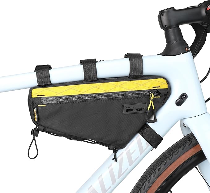 Rhinowalk Bike Triangle Frame Bag 1.7L, Waterproof Tool & Gear Bag with YKK Zippers, Cable Port & Pump Holder, Slim Fit – Black+Yellow