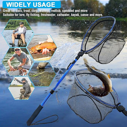 LBW Collapsible Fishing Net with Handle, Folding Kayak Net for Freshwater or Saltwater, Trout Catfish Bass Compact Rubber Landing Net