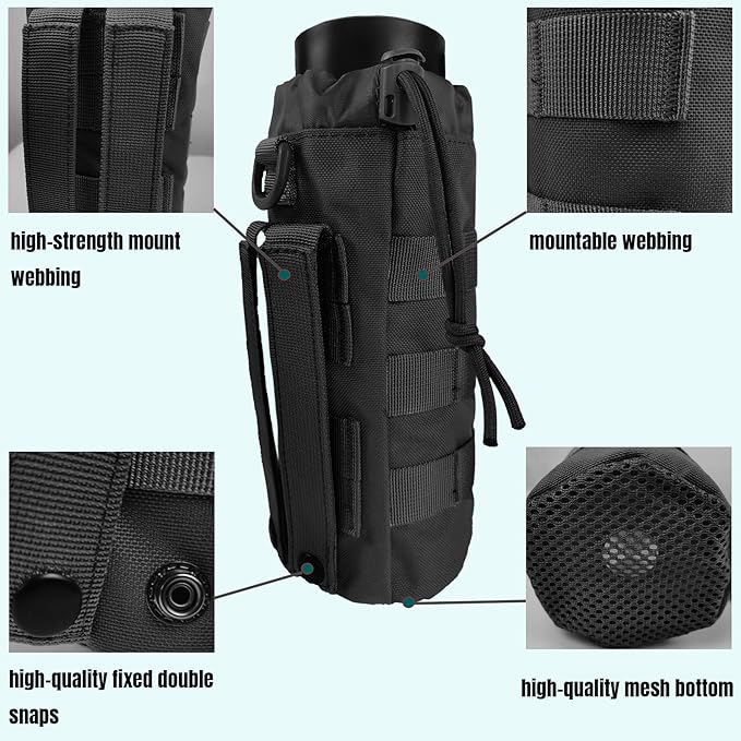 Tactical MOLLE Water Bottle Holder, Upgraded Water Bottle Pouch with Drawstring Open Top & Mesh Bottom, 16/24/25/32oz Water Bottle Carrier Bag with D-Ring Hook for Backpack