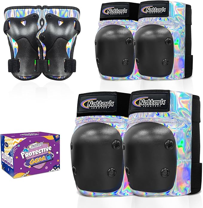 Nattork Knee Pads for Kids Youth Audlt，Knee and Elbow Pads with Wrist Guards 6 in 1 Protective Gear Set for Skateboard, Roller Skate, Inline Skates, Cycling and Scooter Boys Girls