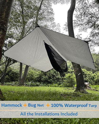 Sunyear Hammock Camping with Rain Fly Tarp and Net, Portable Camping Hammock Double Tree Hammock Outdoor Indoor Backpacking Travel & Survival, 2 Tree Straps,100% Waterproof