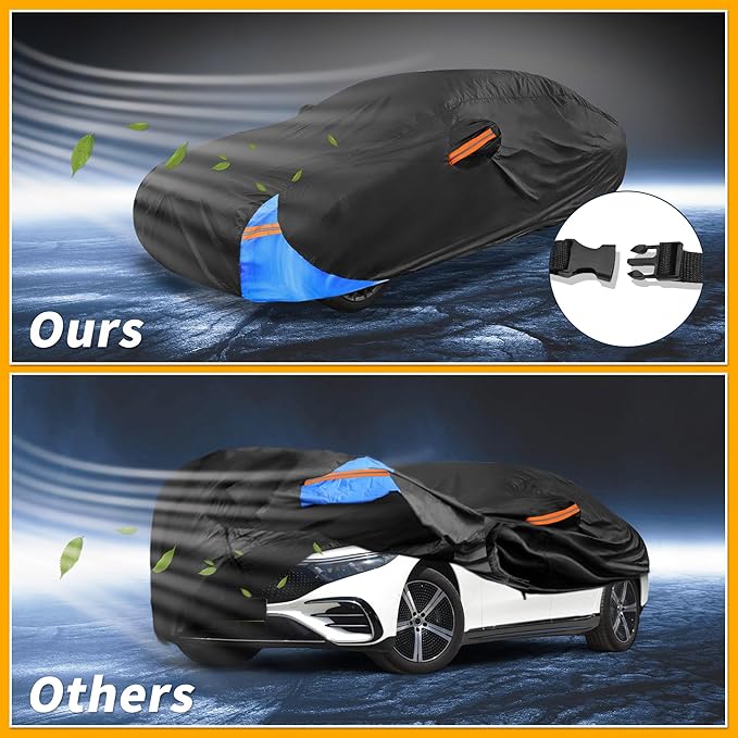 Waterproof All-Weather Universal Car Cover with Right Side Zipper, 190T Polyeste Black Blue Fits for Sedan Up to 165" Length