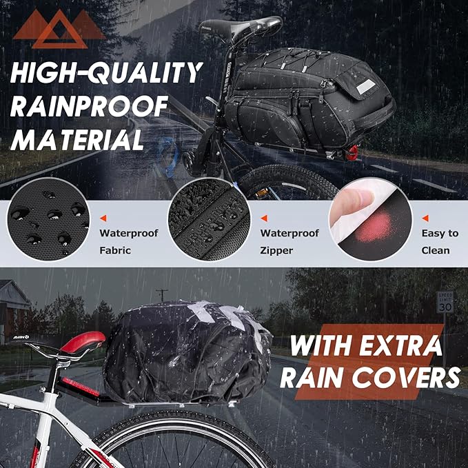 RAINSMORE Bike Bags for Bicycle Rear Rack 15L Waterproof Bike Ebike Trunk Pannier Saddle Bag with Rain Cover Bike Accessories Backpack Shoulder Bag for Commuter Travel Outdoor, Black