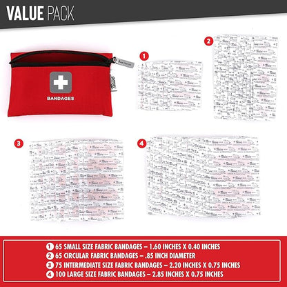 Thrive Adhesive Bandages (Pack of 305)- Multipack- Fabric with Storage Bag, Tough and Flexible Waterproof Bandages Variety Pack for Kids and Adults, Small, Medium, Large, and Circular Sizes Included