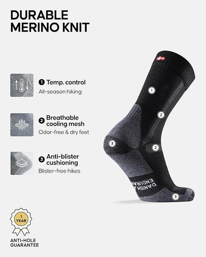 DANISH ENDURANCE Merino Wool Hiking Crew Socks for Men & Women, Cushioned Anti-Blister, Breathable - 3 Pairs