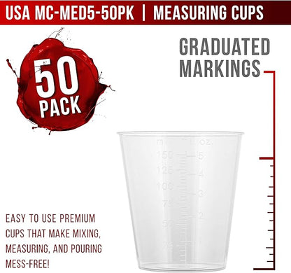 Pouring Masters 5 Oz (150 ml) Liquid Measuring Cups - Plastic Graduated Cup (50 Pack) with 25 Sticks - Reusable Mixing Cups for Paint, Craft, Kitchen, Lab, Medical Supplies, Epoxy Resin, Art