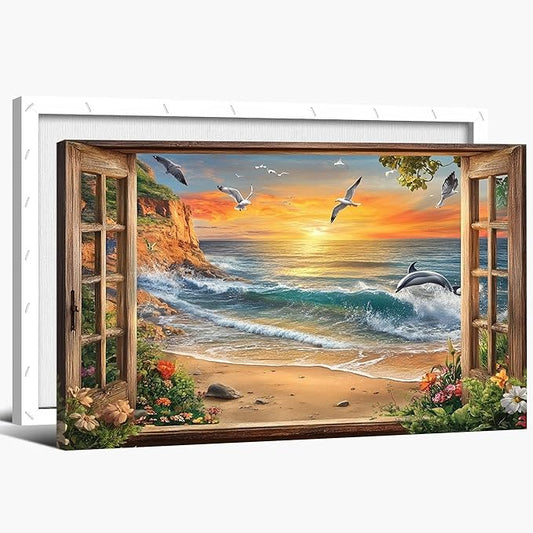 ANRUOXI Beach Canvas Wall Art, Sunset Coastal Prints Beach Scenery Fake Window View Picture, Blue Ocean Waves Seascape Painting, Seagull Dolphins Natural Landscape Artwork for Bedroom 12x18 Inch