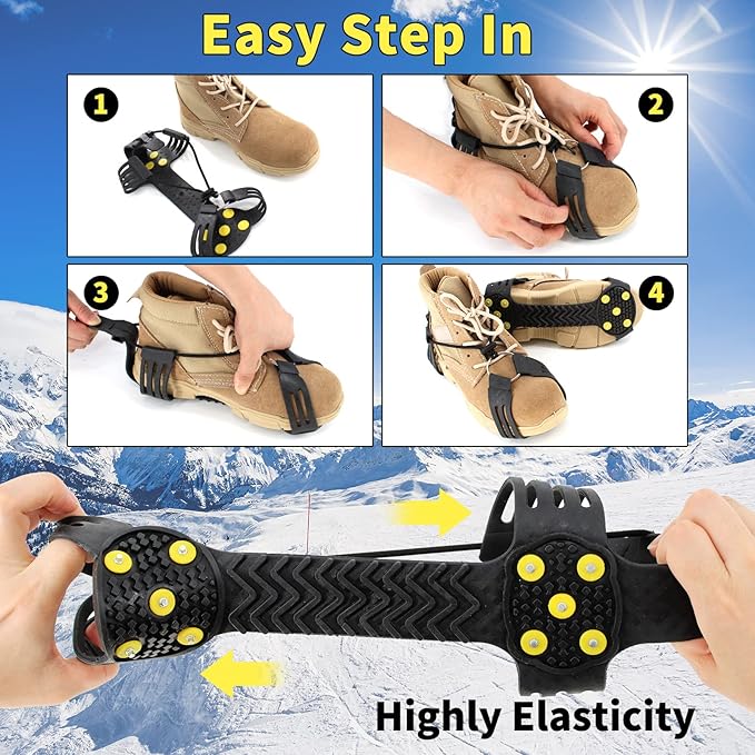 Ice Cleats Snow Grips, Non-Slip Traction Crampons 10 Steel Studs with Extra 20 Replacement Studs, for Shoes/Boots, Snow Ice Walking