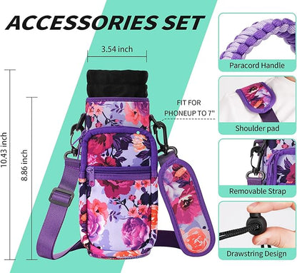 32/40/64/87/128 oz Water Bottle Carrier Bag, Neoprene Water Bottle Sleeve with 4 Pocket, Sport Water Holder with Paracord Handle and Shoulder Strap for Walking Hiking Camping Gym