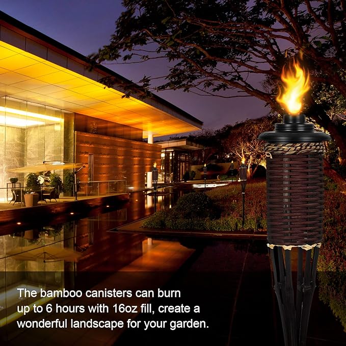 Torch Replacement Canisters 16oz, Outdoor Refillable Canister with Wicks and Caps, Bamboo Citronella Torch Cans for Patio, Garden