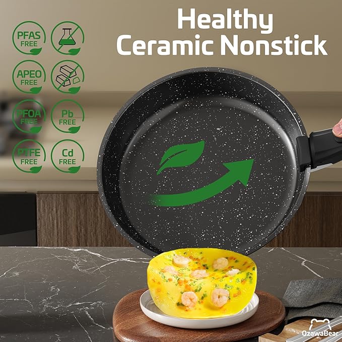 23 Pcs Pots and Pans Set Non Stick, Ceramic Cookware Set Non Toxic with Detachable Handles, Healthy Induction Cookware Oven Safe RV Kitchen Set, PFAS PFOA & PTFE Free, Black