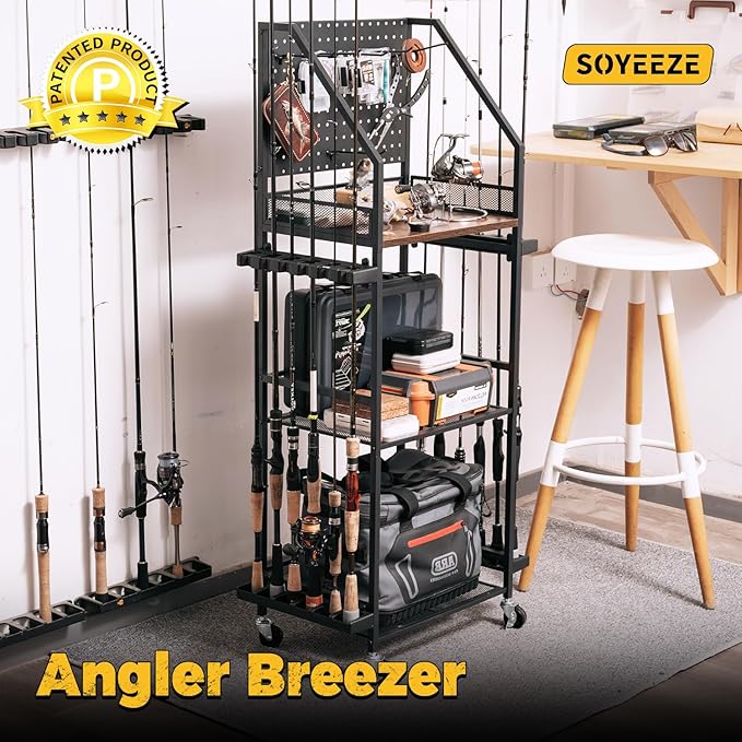 SOYEEZE Fishing Rod Holders for Garage, Fishing Pole Holders Up to 12 Rods with Pegboard and Hooks,Rolling Fishing Cart with Wheels, Fishing Gear Storage For Tackle Box & Reel Organization