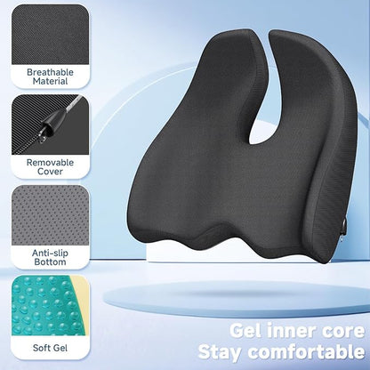 Benazcap X Large Gel Seat Cushion for Office Chair Ergonomic Cushions-Gel & Memory Foam Coccyx Butt Pillow for Sciatica & Back Pain Relief for Long Sitting for Gaming Chair and Car Seat-Black