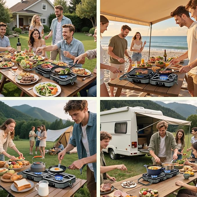 Camping Stove Portable Propane Camp Stove with Independently Adjustable Heat & 2 Burners, Foldable Gas Stove with Carry Bag for Outdoor Cooking,Tailgating & Backyard Gathering（Gray）
