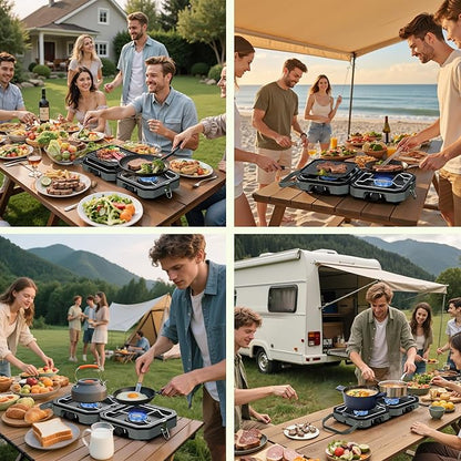 Camping Stove Portable Propane Camp Stove with Independently Adjustable Heat & 2 Burners, Foldable Gas Stove with Carry Bag for Outdoor Cooking,Tailgating & Backyard Gathering（Gray）