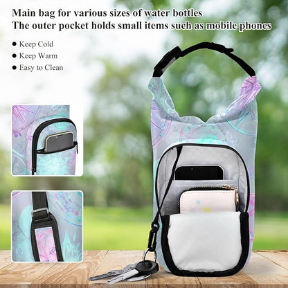 Rainbow Color Circular Pentagrams Stars Water Bottle Holder with Strap Insulated Water Bottle Carrier Crossbody Bags Pouch with Phone Pocket for Travel Gym Hiking Walking Running