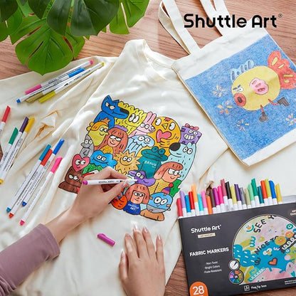 Shuttle Art 28 Colors Fabric Markers, Shirt Permanent Markers for Clothes Sneakers Jeans with 11 Stencils 1 Fabric Sheet, Fabric Pens for Kids Adult Painting Writing