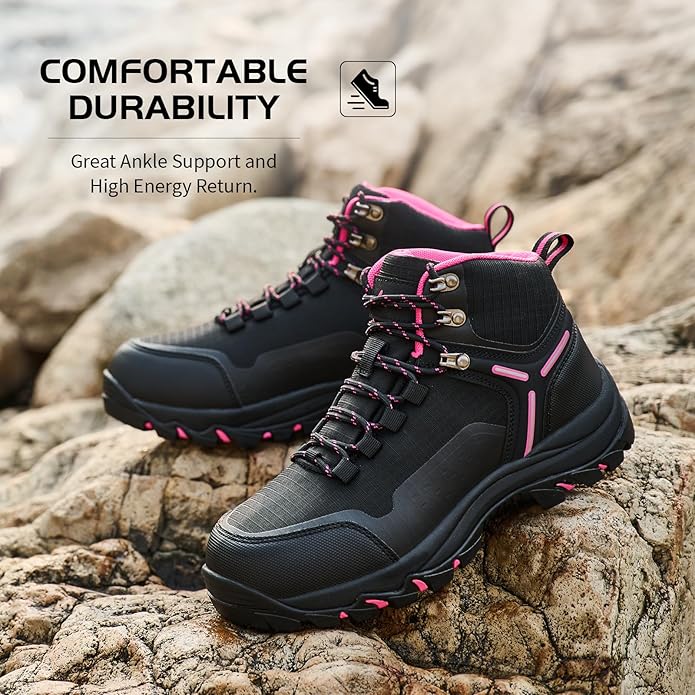 Waterproof Women's Hiking Boots with Wide Toe Box Lightweight Non-Slip Grip Ankle Support, Durable Comfort for Trekking, Trail Running, and Outdoor Adventures