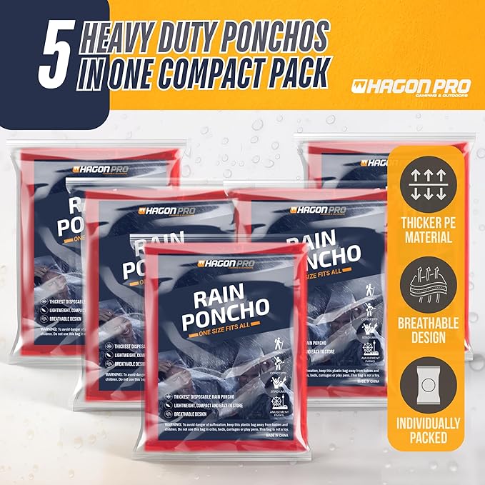 Hagon PRO Disposable Rain Ponchos for Adults (5 Pack)