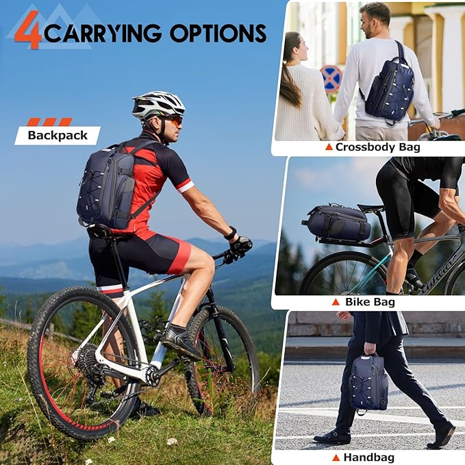 RAINSMORE Bike Bags for Bicycle Rear Rack 15L Waterproof Bike Ebike Trunk Pannier Saddle Bag with Rain Cover Bike Accessories Backpack Shoulder Bag for Commuter Travel Outdoor, Blue