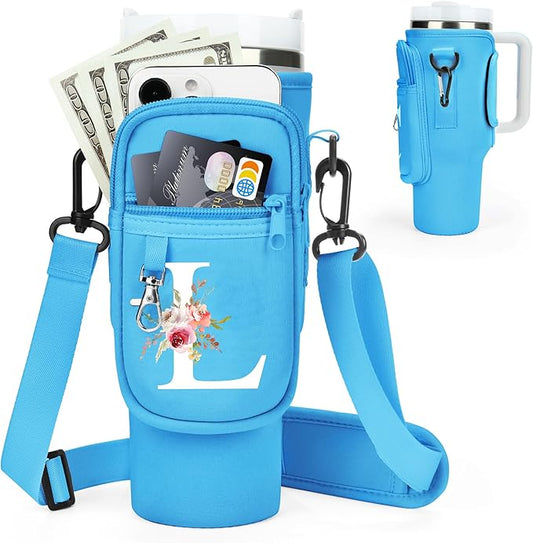 Initial Water Bottle Holder with Strap for Stanley 40 oz Tumbler/Simple Modern 40 oz Tumbler,Water Bottle Carrier Bag with Strap,Personalized A-Z Phone Pocket for Stanley Cup Accessories