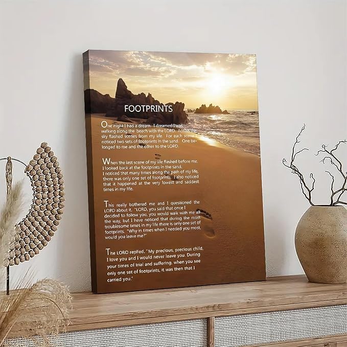 Footprints in the Sand Religious Canvas Wall Art Posters, Inspirational Beach Sunset Poem Print Poster (Framed 24x36inch, Footprints(2))
