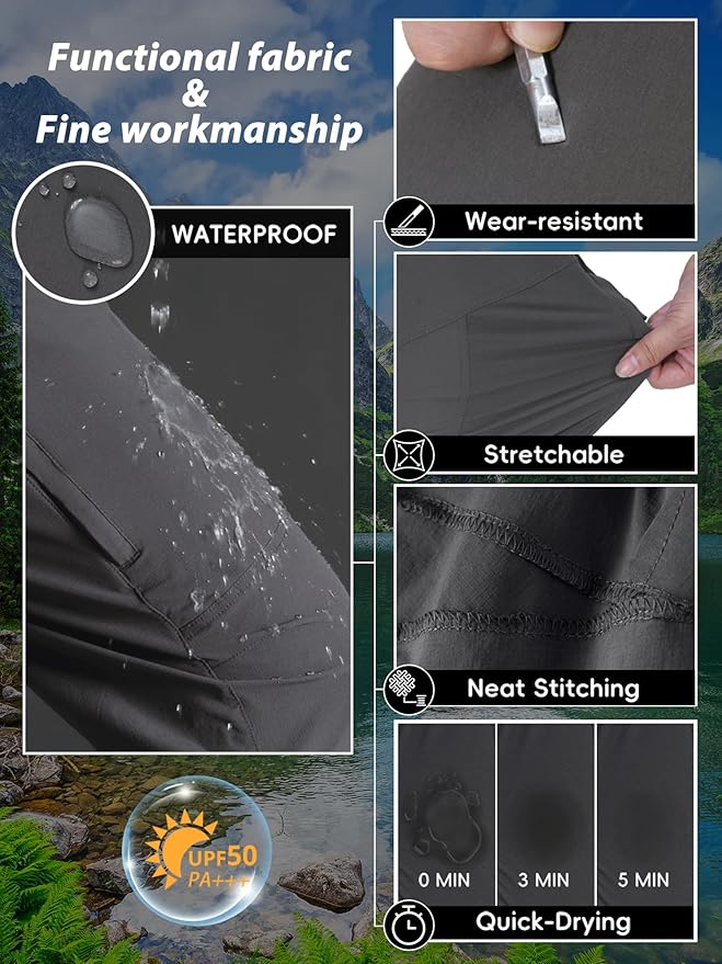 Mens Hiking Pants Lightweight Cargo Work Tactical Nylon Stretch Waterproof Quick Dry Fishing Travel Outdoor 6 Pockets